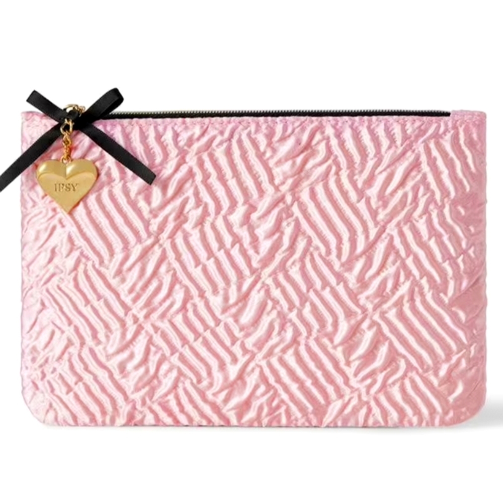 Ipsy mini bag wallet purse pink satin black ribbon golden heart zipper fluffy